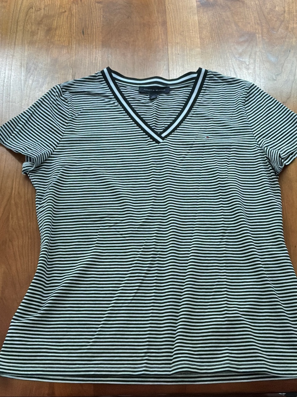 Tommy Hilfiger Black & White Striped V-Neck Tee with Chest Logo